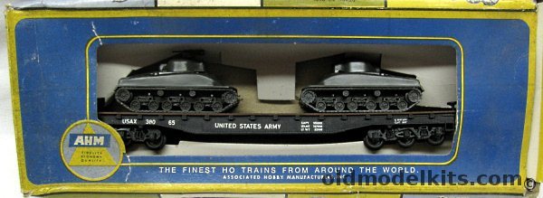 AHM 1/87 US Army Flat Car with Two Sherman M4 Tanks - Ready to Run HO Scale Train, 5370 plastic model kit